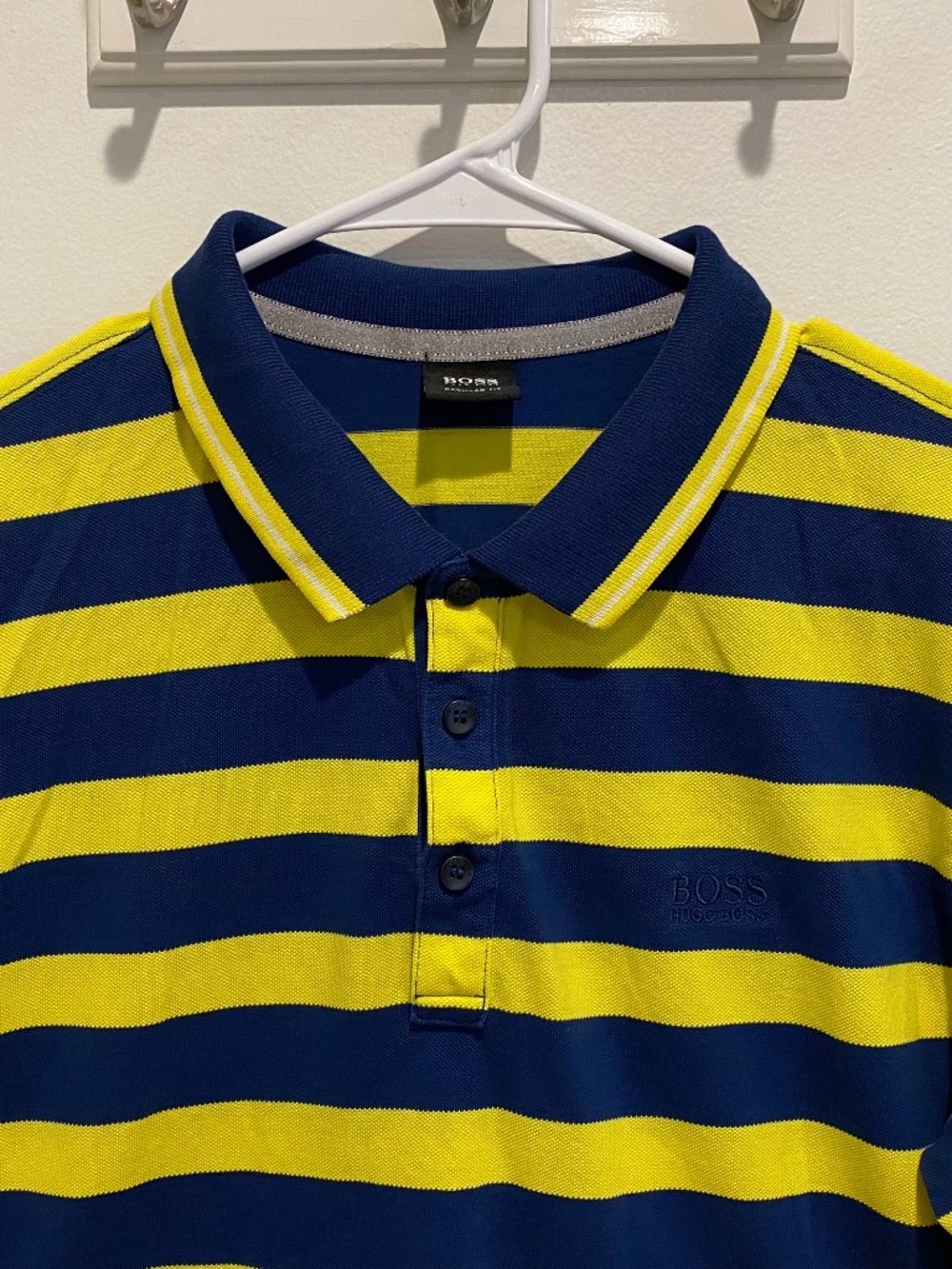 BOSS Boys Blue Yellow Striped Polo Shirt Size L Regular Fit